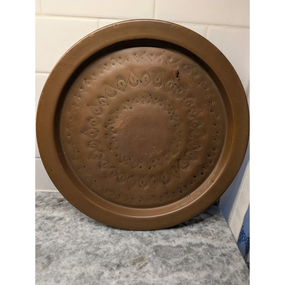 Vintage Hand Hammered Solid Copper Charger Geometric Design 12